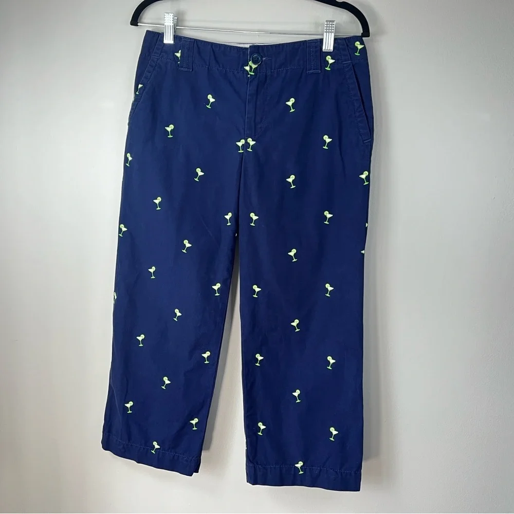 Lilly Pulitzer Womens 6 Blue Capris Embroidered Lime Margaritas Cotton Vacation